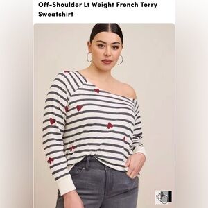 Torrid Striped Off-Shoulder Sweatshirt with Red Hearts